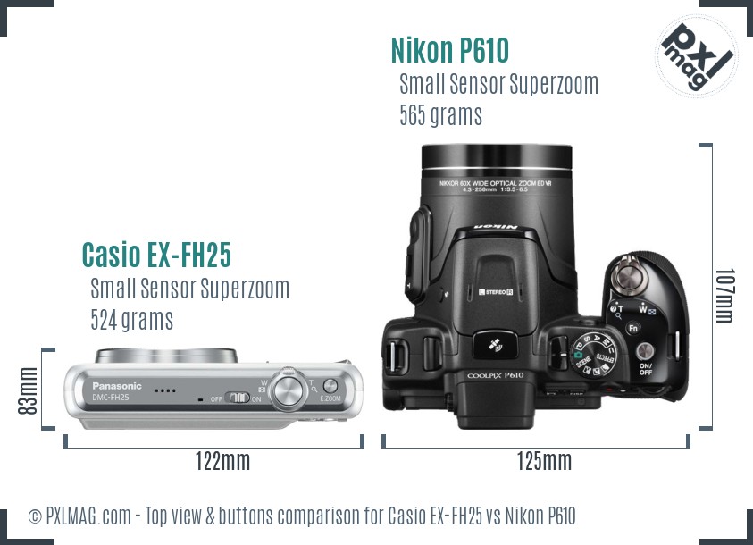 Casio EX-FH25 vs Nikon P610 top view buttons comparison
