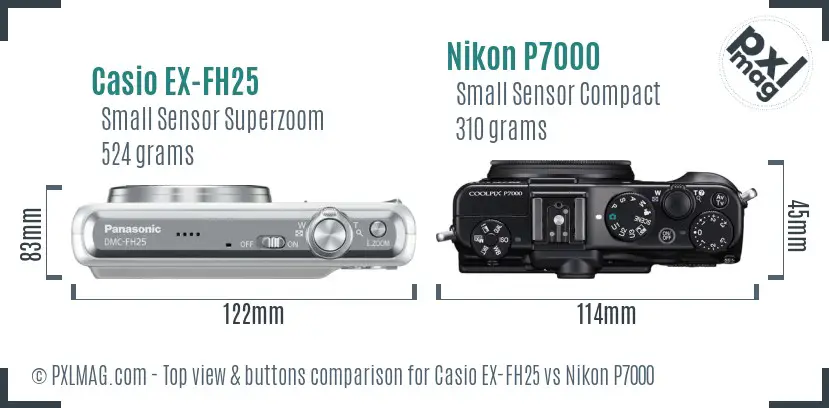 Casio EX-FH25 vs Nikon P7000 top view buttons comparison