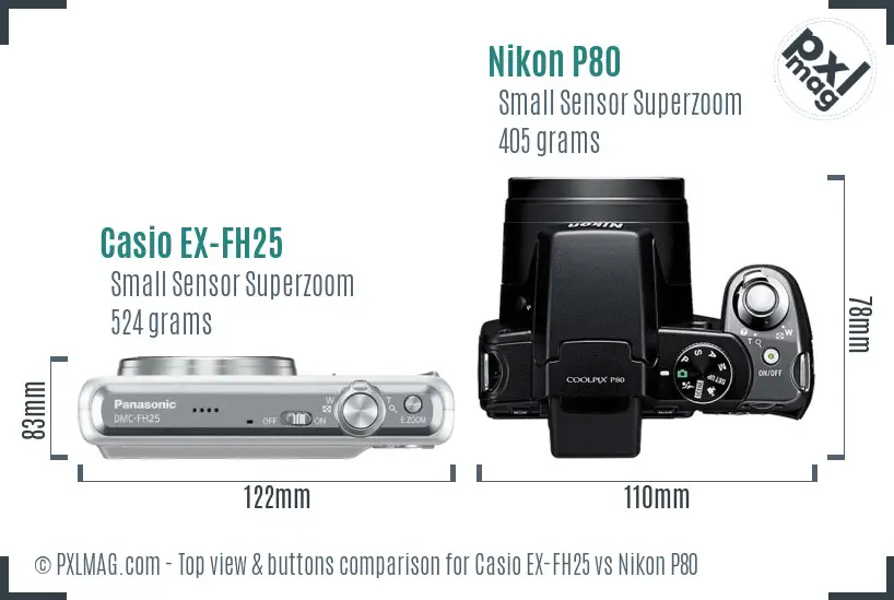 Casio EX-FH25 vs Nikon P80 top view buttons comparison