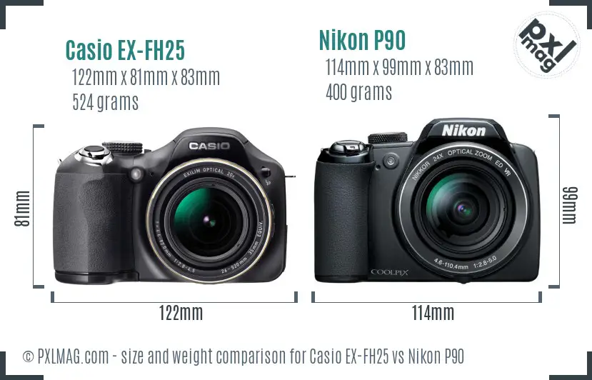 Casio EX-FH25 vs Nikon P90 size comparison