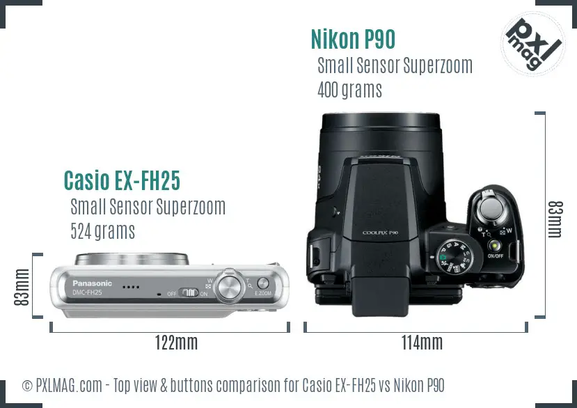 Casio EX-FH25 vs Nikon P90 top view buttons comparison