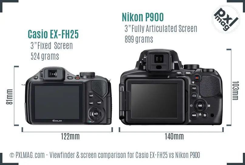 Casio EX-FH25 vs Nikon P900 Screen and Viewfinder comparison