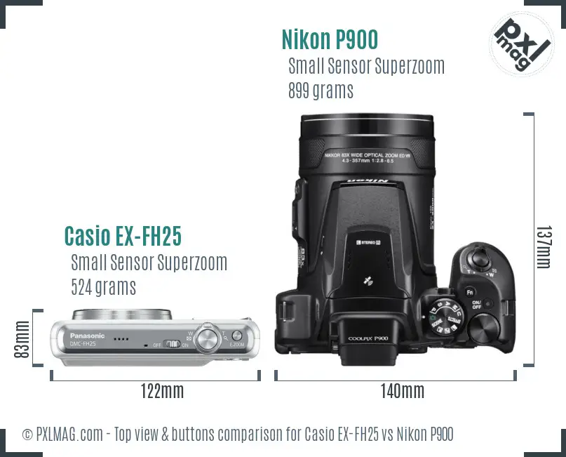 Casio EX-FH25 vs Nikon P900 top view buttons comparison