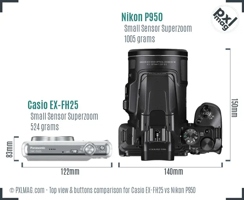 Casio EX-FH25 vs Nikon P950 top view buttons comparison