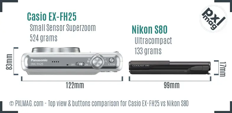 Casio EX-FH25 vs Nikon S80 top view buttons comparison