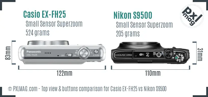 Casio EX-FH25 vs Nikon S9500 top view buttons comparison
