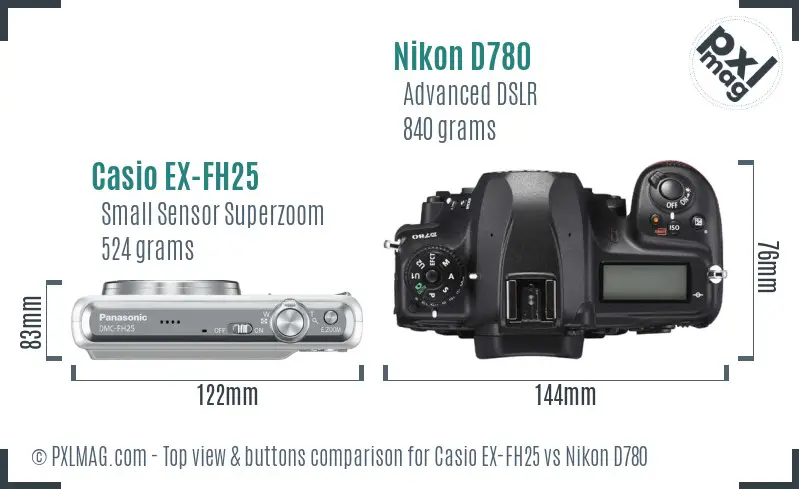 Casio EX-FH25 vs Nikon D780 top view buttons comparison