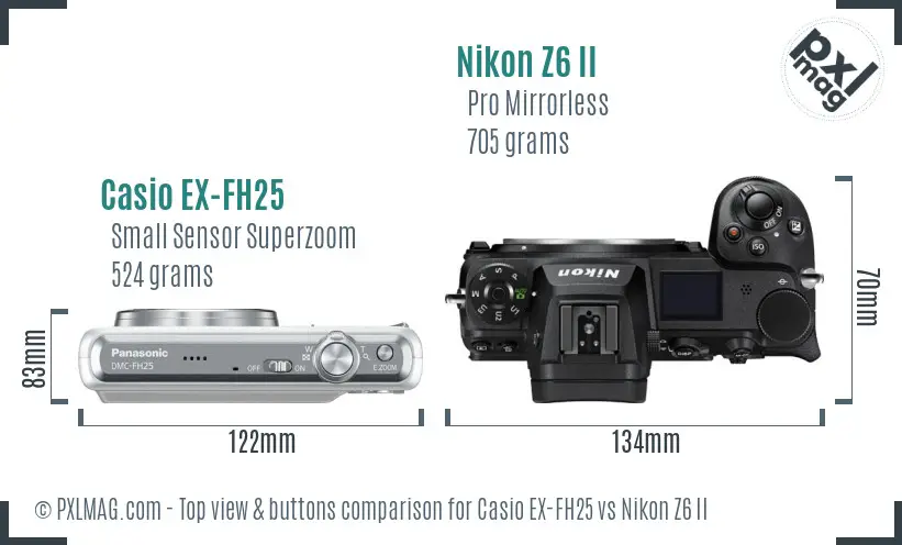 Casio EX-FH25 vs Nikon Z6 II top view buttons comparison