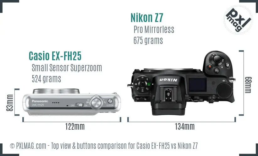 Casio EX-FH25 vs Nikon Z7 top view buttons comparison