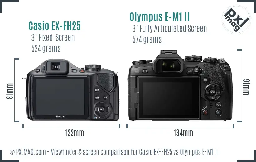 Casio EX-FH25 vs Olympus E-M1 II Screen and Viewfinder comparison