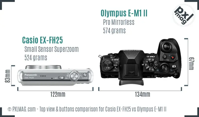 Casio EX-FH25 vs Olympus E-M1 II top view buttons comparison