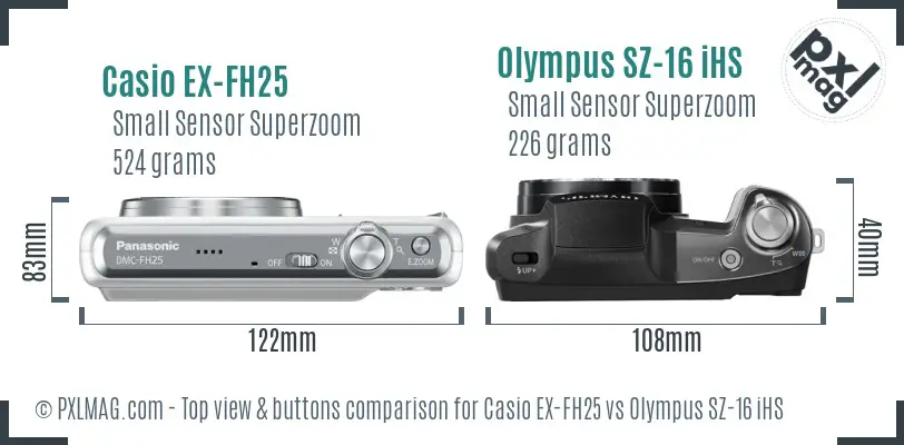 Casio EX-FH25 vs Olympus SZ-16 iHS top view buttons comparison Casio EX-FH25 vs Olympus SZ-16 iHS top view buttons comparison