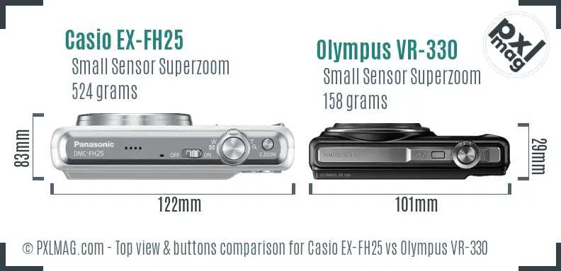 Casio EX-FH25 vs Olympus VR-330 top view buttons comparison Casio EX-FH25 vs Olympus VR-330 top view buttons comparison