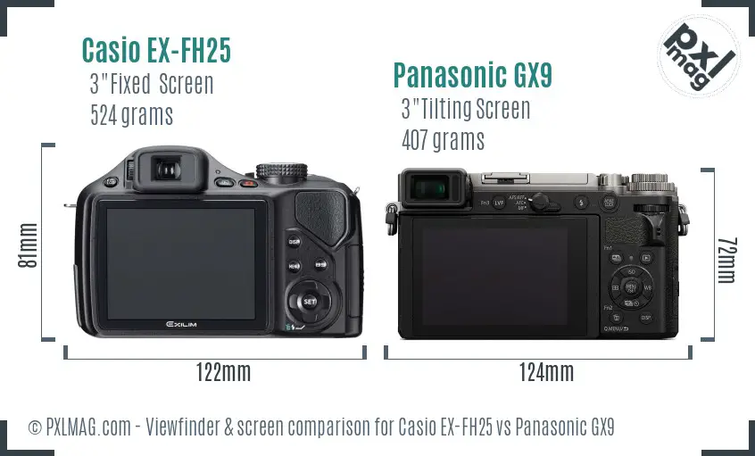 Casio EX-FH25 vs Panasonic GX9 Screen and Viewfinder comparison