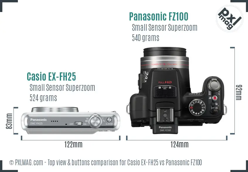 Casio EX-FH25 vs Panasonic FZ100 top view buttons comparison