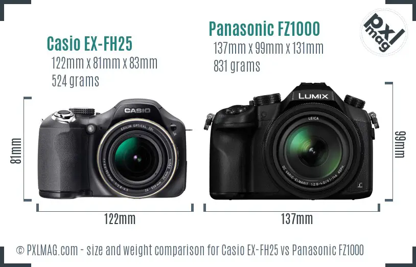Casio EX-FH25 vs Panasonic FZ1000 size comparison