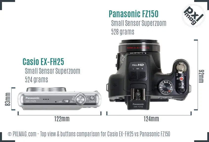 Casio EX-FH25 vs Panasonic FZ150 top view buttons comparison