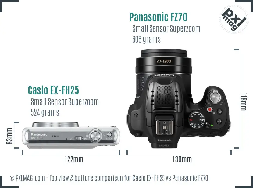 Casio EX-FH25 vs Panasonic FZ70 top view buttons comparison Casio EX-FH25 vs Panasonic FZ70 top view buttons comparison