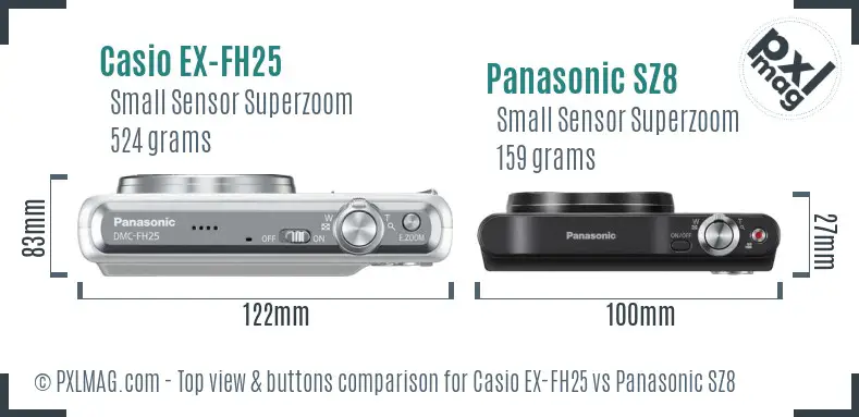 Casio EX-FH25 vs Panasonic SZ8 top view buttons comparison Casio EX-FH25 vs Panasonic SZ8 top view buttons comparison