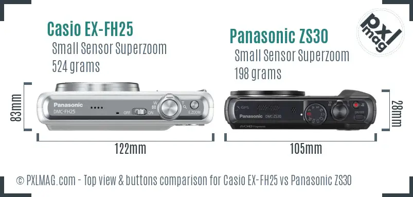 Casio EX-FH25 vs Panasonic ZS30 top view buttons comparison Casio EX-FH25 vs Panasonic ZS30 top view buttons comparison