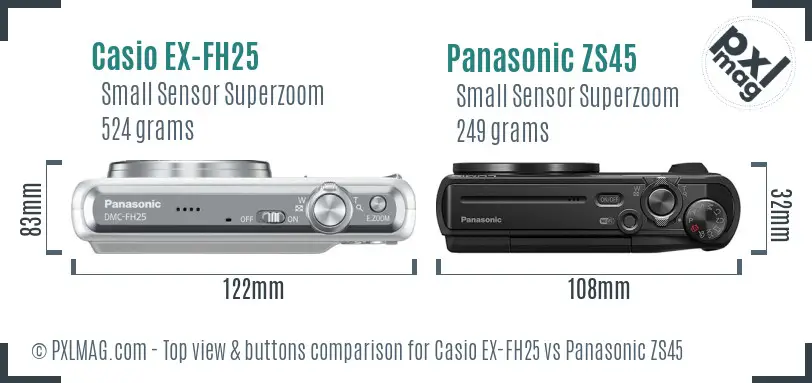 Casio EX-FH25 vs Panasonic ZS45 top view buttons comparison
