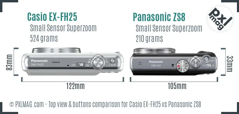 Casio EX-FH25 vs Panasonic ZS8 top view buttons comparison Casio EX-FH25 vs Panasonic ZS8 top view buttons comparison