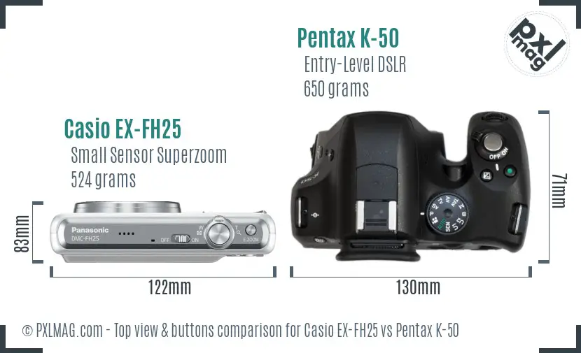 Casio EX-FH25 vs Pentax K-50 top view buttons comparison
