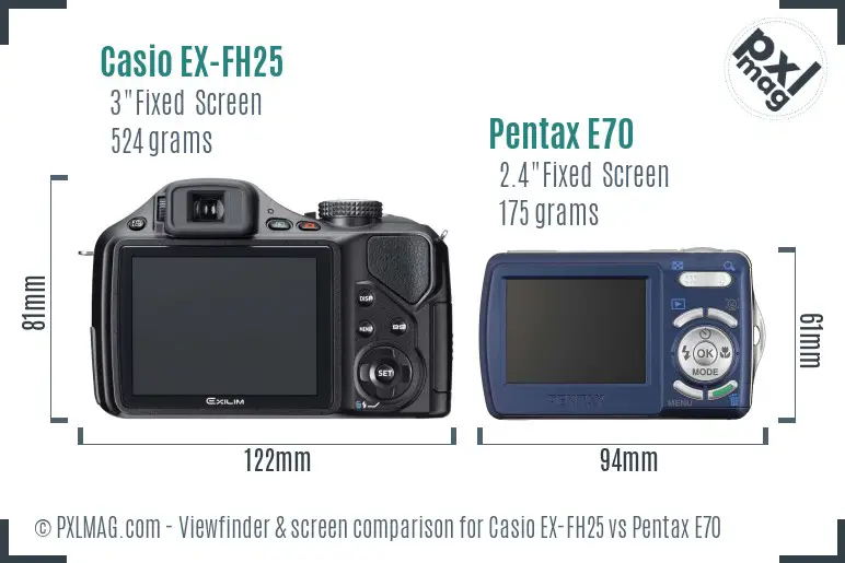 Casio EX-FH25 vs Pentax E70 Screen and Viewfinder comparison