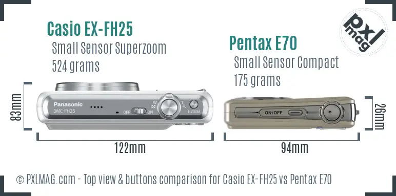 Casio EX-FH25 vs Pentax E70 top view buttons comparison