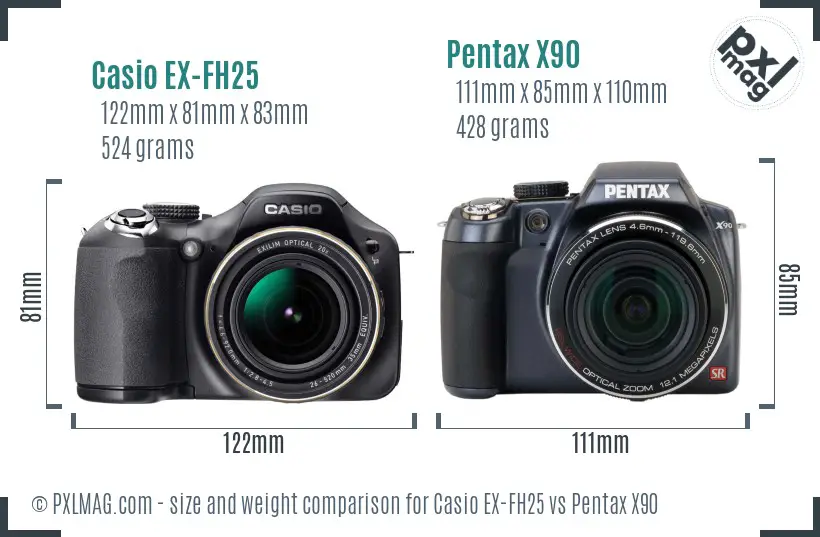 Casio EX-FH25 vs Pentax X90 size comparison