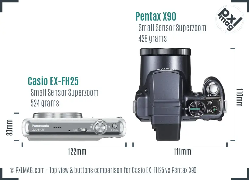 Casio EX-FH25 vs Pentax X90 top view buttons comparison