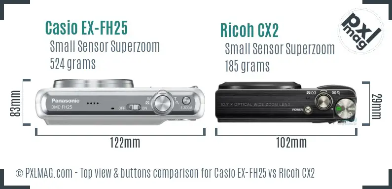 Casio EX-FH25 vs Ricoh CX2 top view buttons comparison