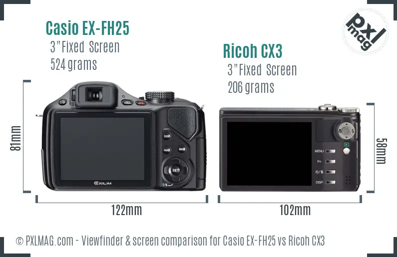 Casio EX-FH25 vs Ricoh CX3 Screen and Viewfinder comparison