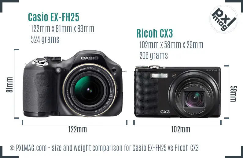 Casio EX-FH25 vs Ricoh CX3 size comparison