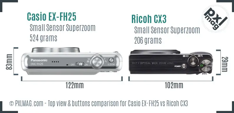 Casio EX-FH25 vs Ricoh CX3 top view buttons comparison