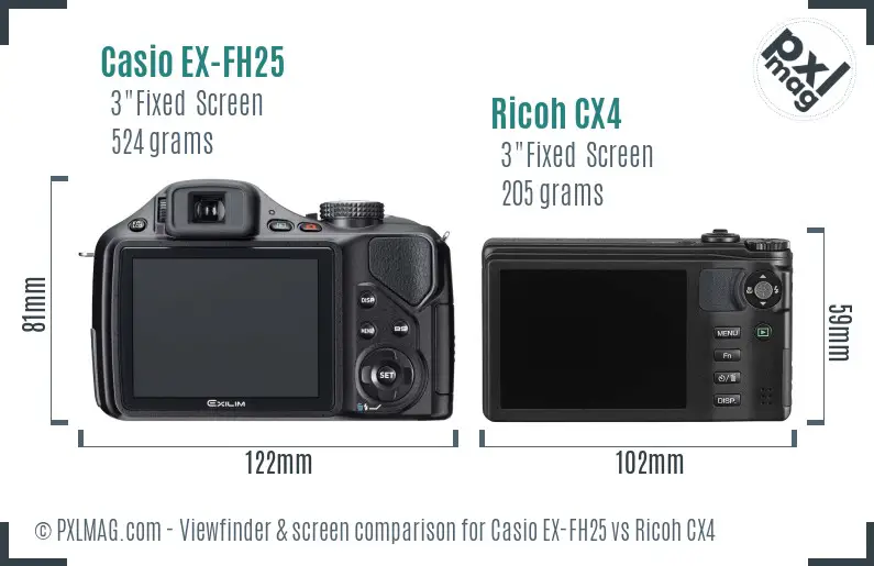 Casio EX-FH25 vs Ricoh CX4 Screen and Viewfinder comparison