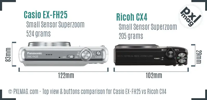 Casio EX-FH25 vs Ricoh CX4 top view buttons comparison