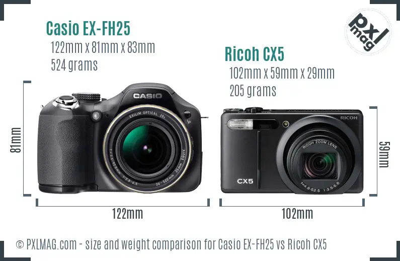 Casio EX-FH25 vs Ricoh CX5 size comparison