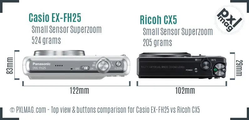 Casio EX-FH25 vs Ricoh CX5 top view buttons comparison