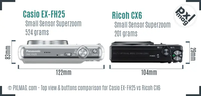 Casio EX-FH25 vs Ricoh CX6 top view buttons comparison