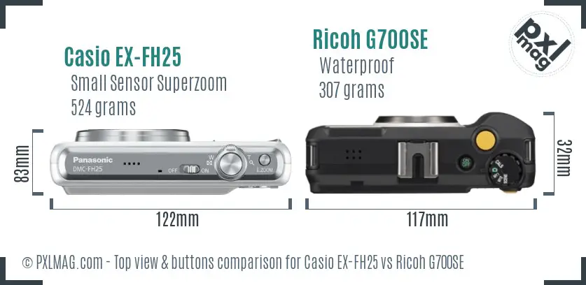 Casio EX-FH25 vs Ricoh G700SE top view buttons comparison