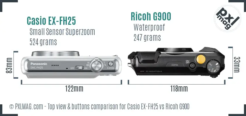 Casio EX-FH25 vs Ricoh G900 top view buttons comparison