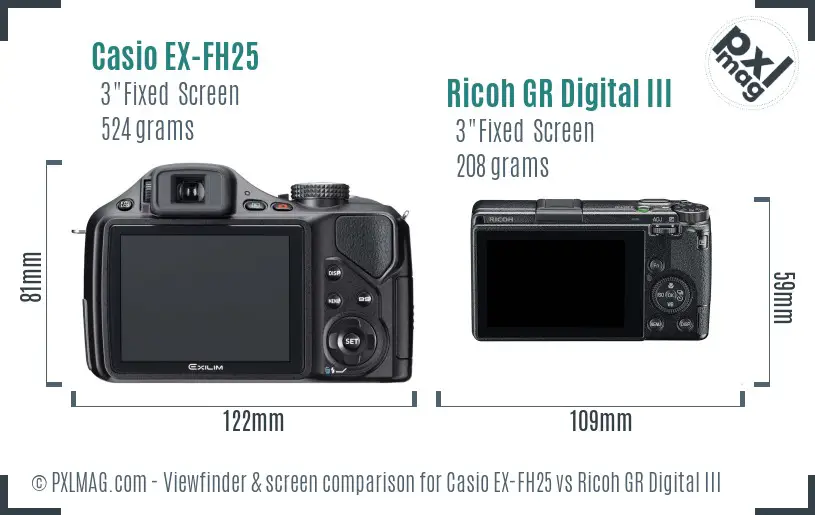 Casio EX-FH25 vs Ricoh GR Digital III Screen and Viewfinder comparison