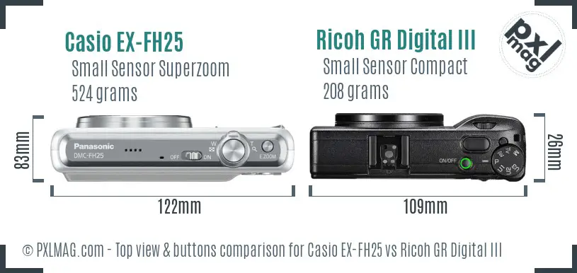 Casio EX-FH25 vs Ricoh GR Digital III top view buttons comparison