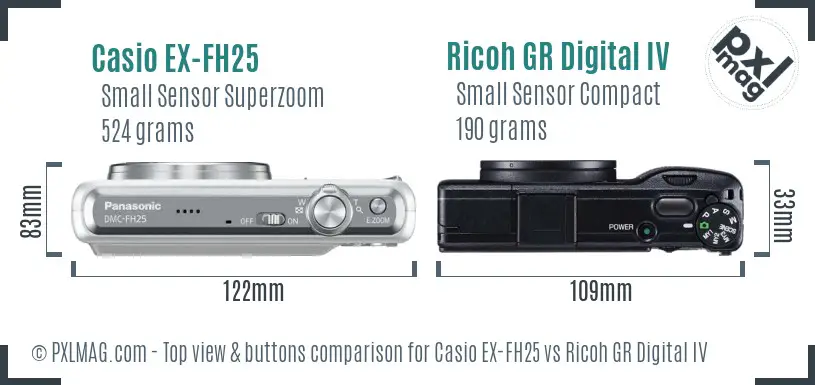 Casio EX-FH25 vs Ricoh GR Digital IV top view buttons comparison