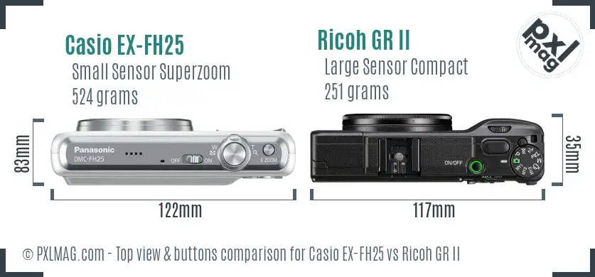 Casio EX-FH25 vs Ricoh GR II top view buttons comparison Casio EX-FH25 vs Ricoh GR II top view buttons comparison