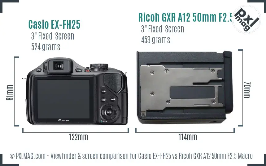Casio EX-FH25 vs Ricoh GXR A12 50mm F2.5 Macro Screen and Viewfinder comparison