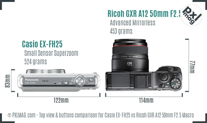 Casio EX-FH25 vs Ricoh GXR A12 50mm F2.5 Macro top view buttons comparison
