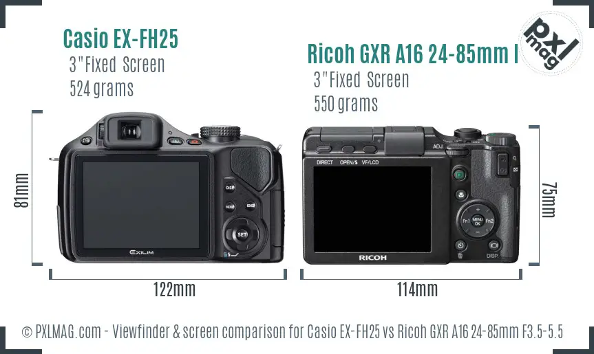 Casio EX-FH25 vs Ricoh GXR A16 24-85mm F3.5-5.5 Screen and Viewfinder comparison