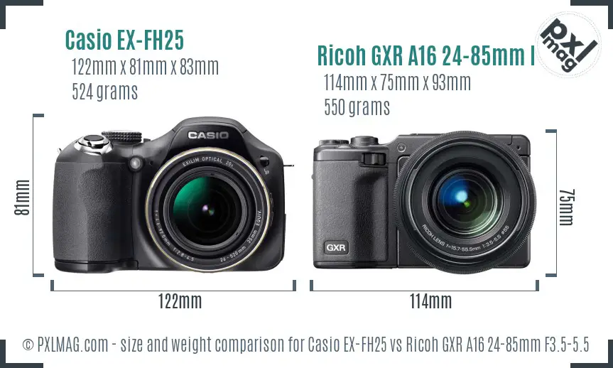 Casio EX-FH25 vs Ricoh GXR A16 24-85mm F3.5-5.5 size comparison